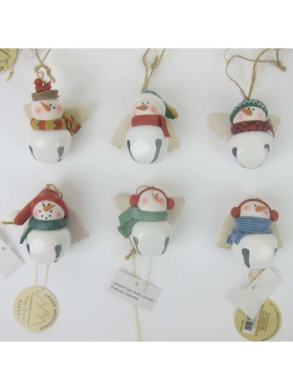Vintage Snowman Bell Christmas Ornaments Lot of 6 Deb Strain Artist Signed 2005